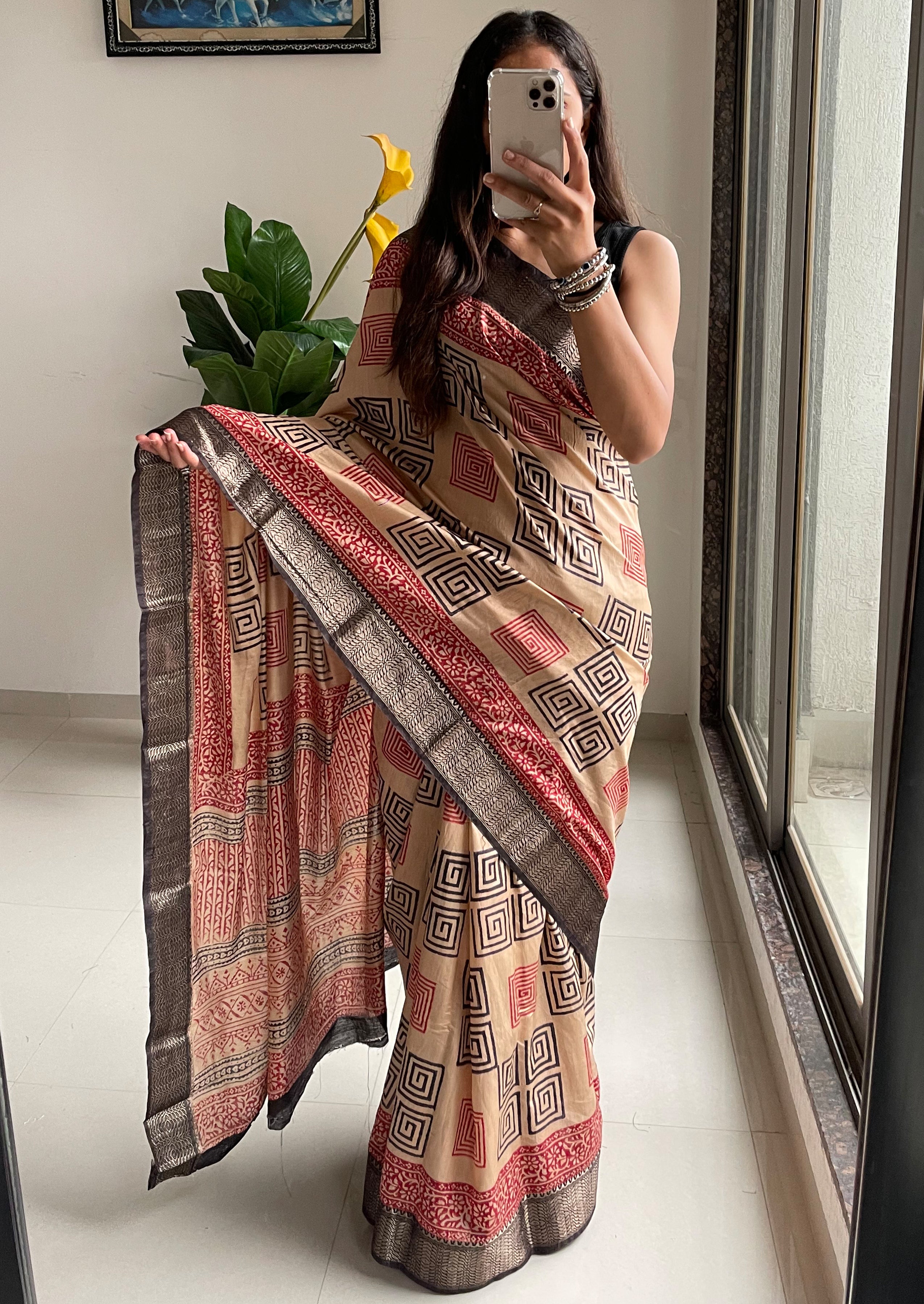 SUTRA2 NATURAL CELLULOSE NYLON AND VISCOSE HAND BLOCK SUTRA SILK BEIGE SAREE