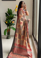 SUTRA2 NATURAL CELLULOSE NYLON AND VISCOSE HAND BLOCK SUTRA SILK BEIGE SAREE