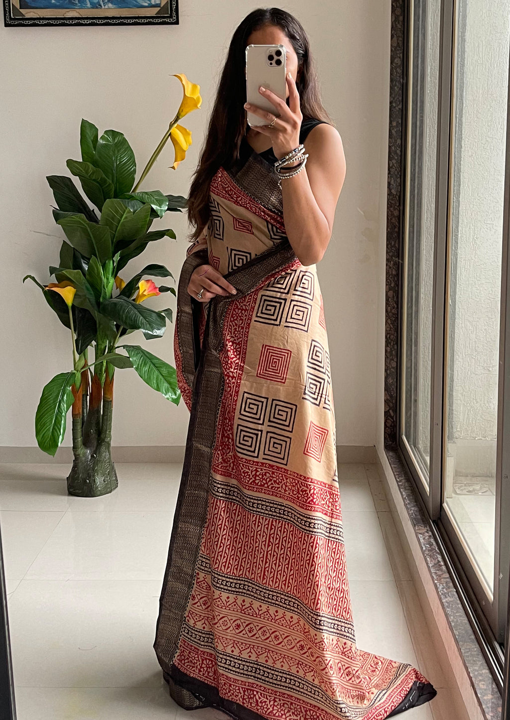 SUTRA2 NATURAL CELLULOSE NYLON AND VISCOSE HAND BLOCK SUTRA SILK BEIGE SAREE