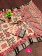 SUTRA2 NATURAL CELLULOSE NYLON AND VISCOSE HAND BLOCK SUTRA SILK BEIGE SAREE