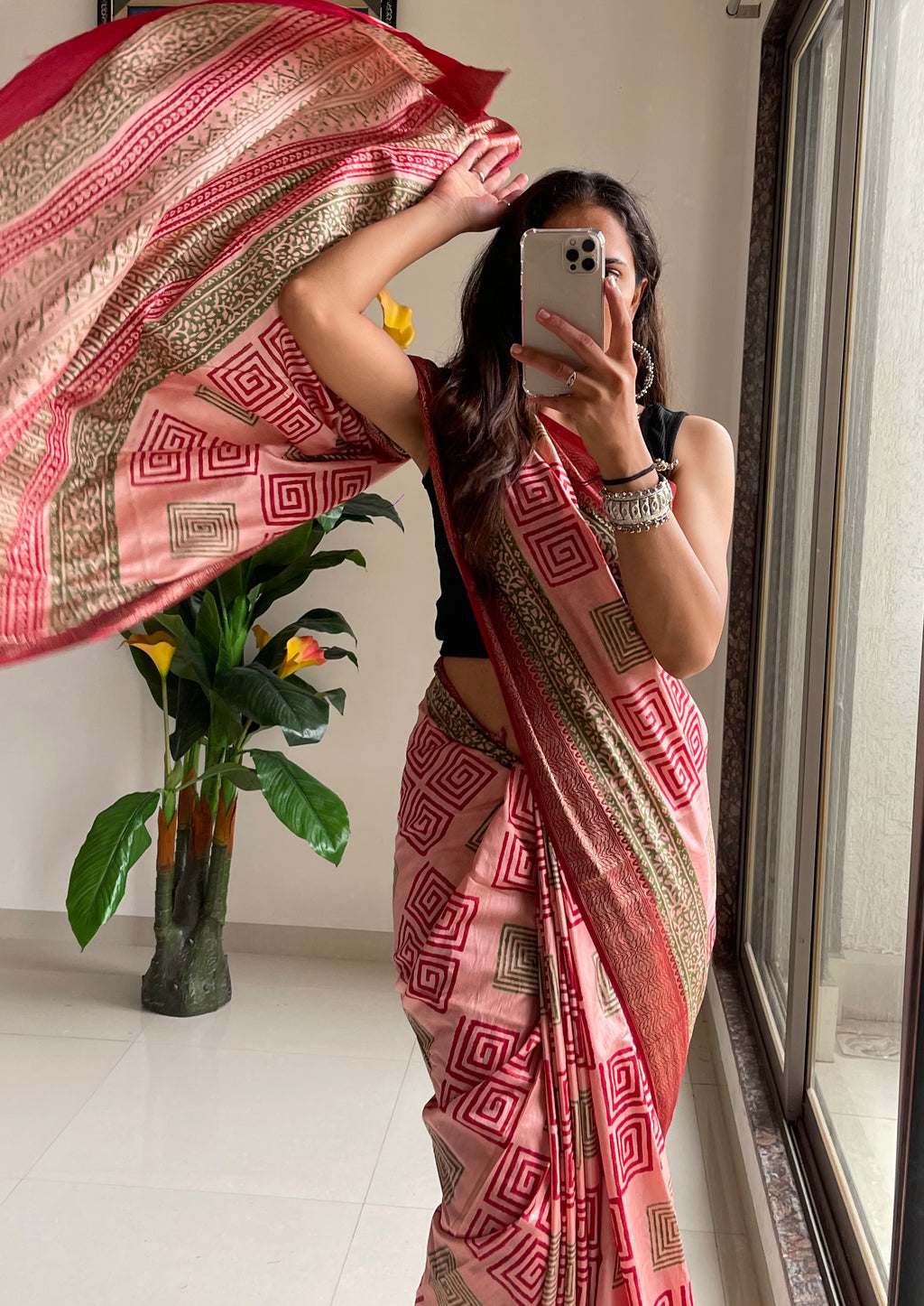 SUTRA2 NATURAL CELLULOSE NYLON AND VISCOSE HAND BLOCK SUTRA SILK DUSTY PINK SAREE