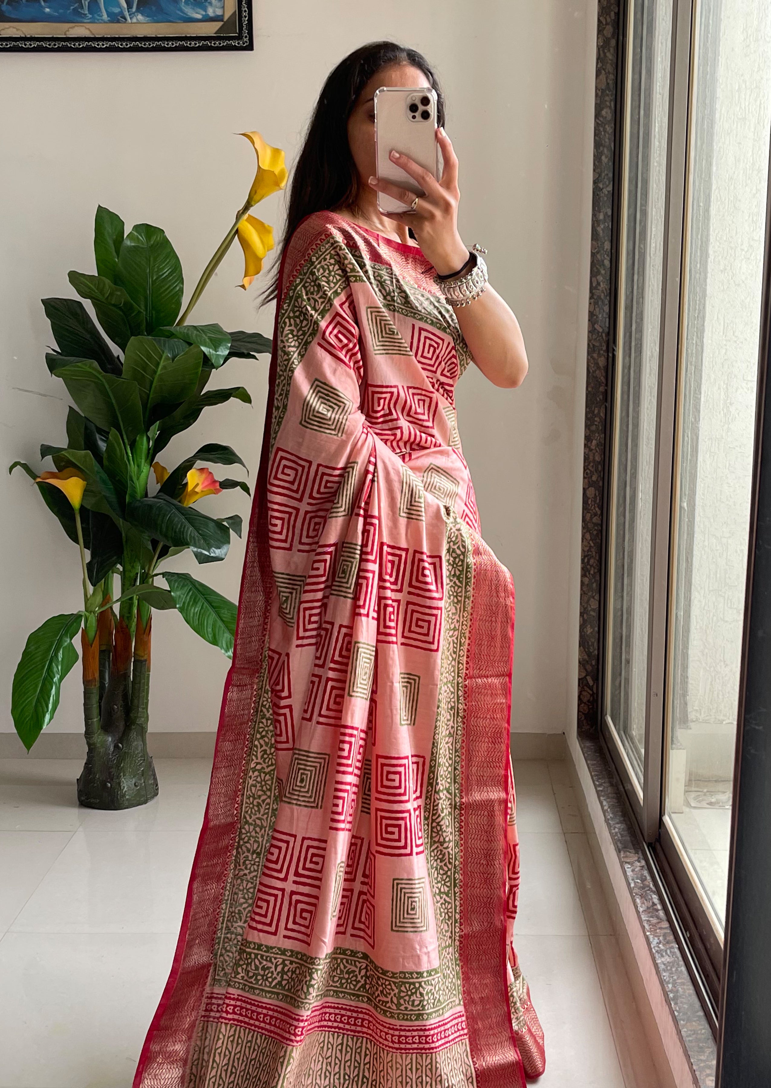 SUTRA2 NATURAL CELLULOSE NYLON AND VISCOSE HAND BLOCK SUTRA SILK DUSTY PINK SAREE