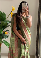 SUTRA2 NATURAL CELLULOSE NYLON AND VISCOSE HAND BLOCK SUTRA SILK PISTA GREEN SAREE