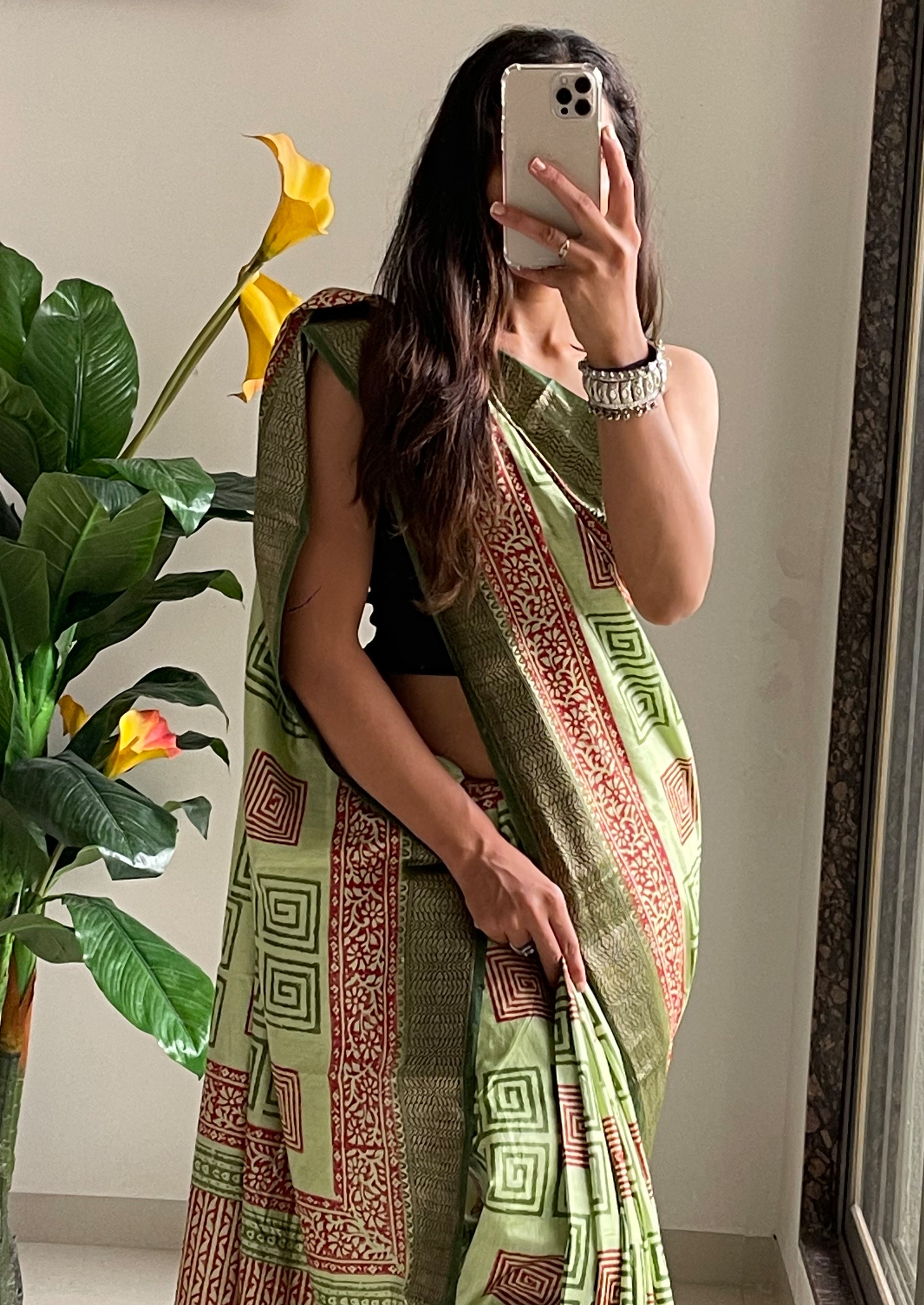SUTRA2 NATURAL CELLULOSE NYLON AND VISCOSE HAND BLOCK SUTRA SILK PISTA GREEN SAREE