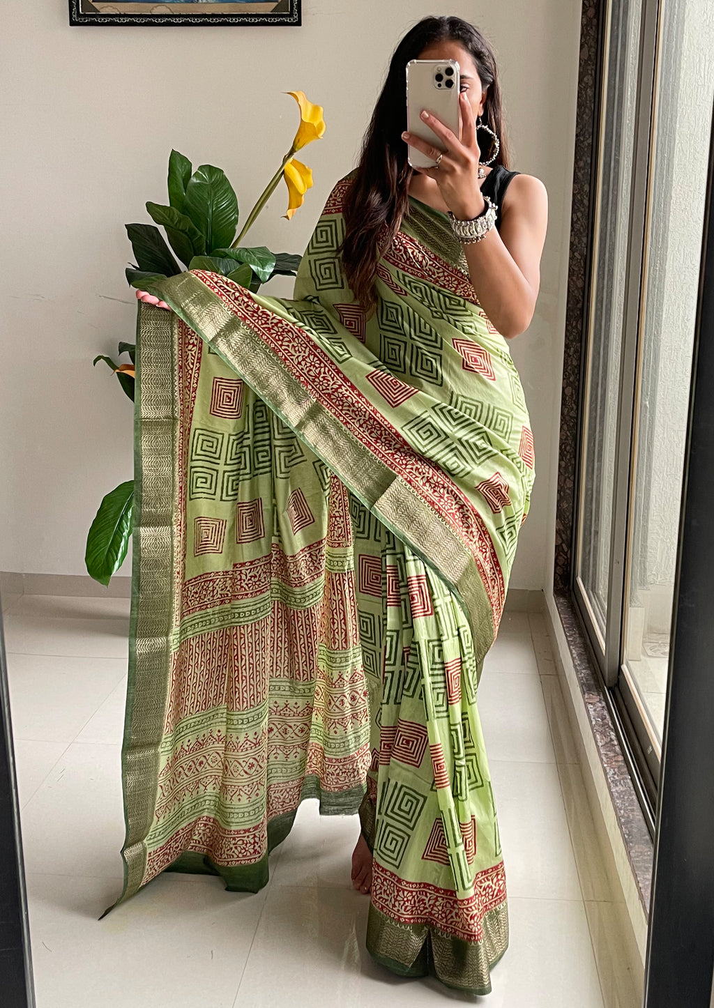 SUTRA2 NATURAL CELLULOSE NYLON AND VISCOSE HAND BLOCK SUTRA SILK PISTA GREEN SAREE