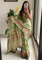 SUTRA2 NATURAL CELLULOSE NYLON AND VISCOSE HAND BLOCK SUTRA SILK PISTA GREEN SAREE