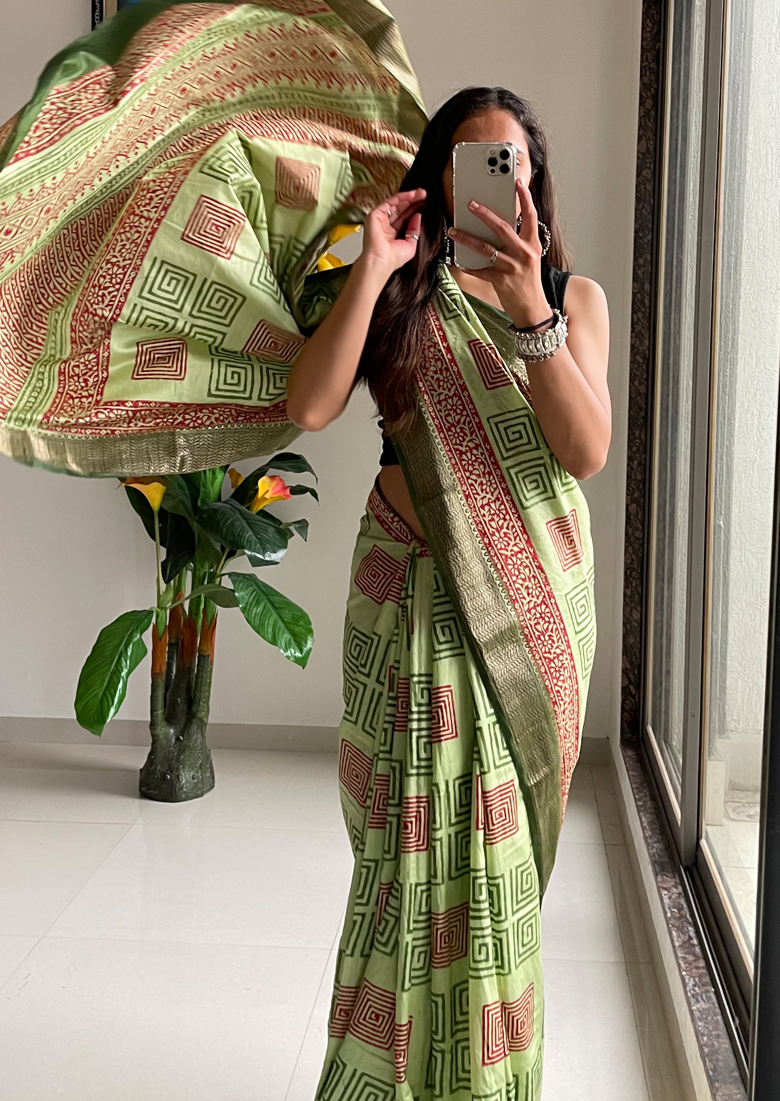SUTRA2 NATURAL CELLULOSE NYLON AND VISCOSE HAND BLOCK SUTRA SILK PISTA GREEN SAREE