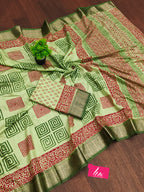 SUTRA2 NATURAL CELLULOSE NYLON AND VISCOSE HAND BLOCK SUTRA SILK PISTA GREEN SAREE