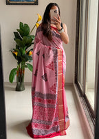 SUTRA3 NATURAL CELLULOSE NYLON AND VISCOSE HAND BLOCK SUTRA SILK BABY PINK SAREE