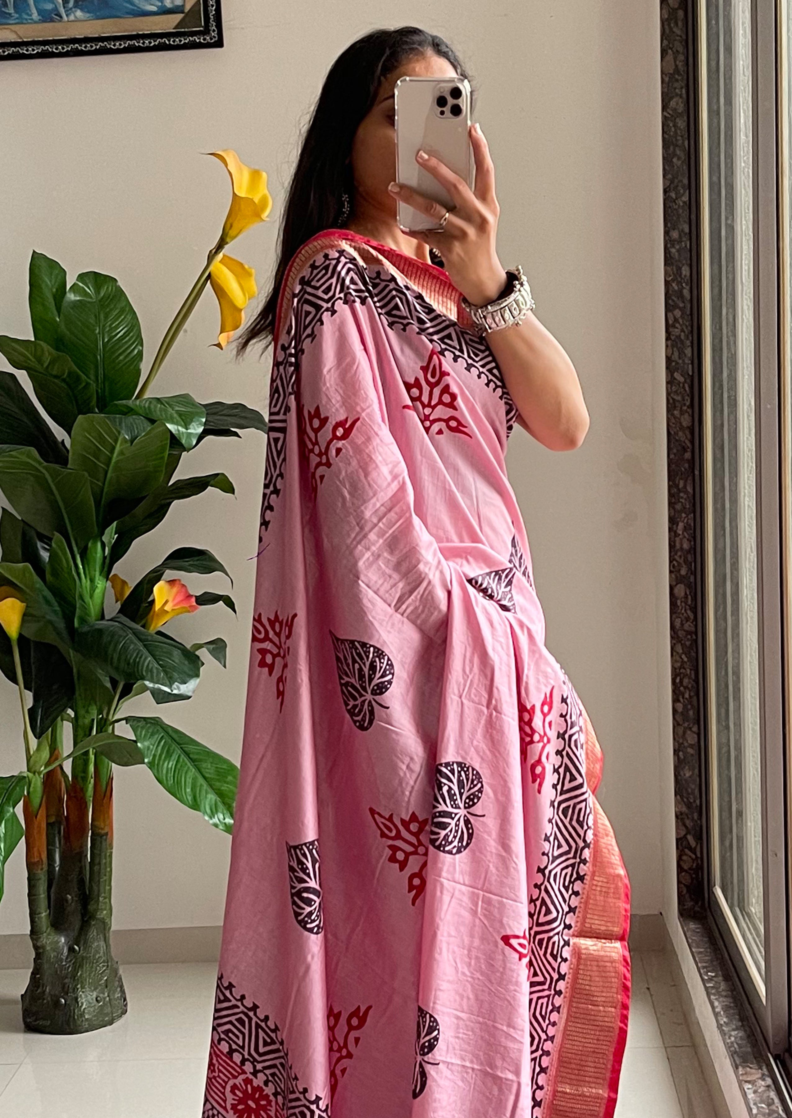 SUTRA3 NATURAL CELLULOSE NYLON AND VISCOSE HAND BLOCK SUTRA SILK BABY PINK SAREE