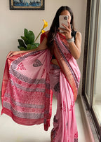 SUTRA3 NATURAL CELLULOSE NYLON AND VISCOSE HAND BLOCK SUTRA SILK BABY PINK SAREE
