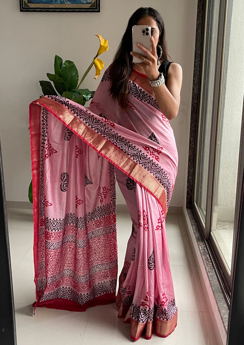 SUTRA3 NATURAL CELLULOSE NYLON AND VISCOSE HAND BLOCK SUTRA SILK BABY PINK SAREE