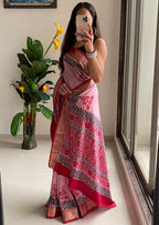 SUTRA3 NATURAL CELLULOSE NYLON AND VISCOSE HAND BLOCK SUTRA SILK BABY PINK SAREE