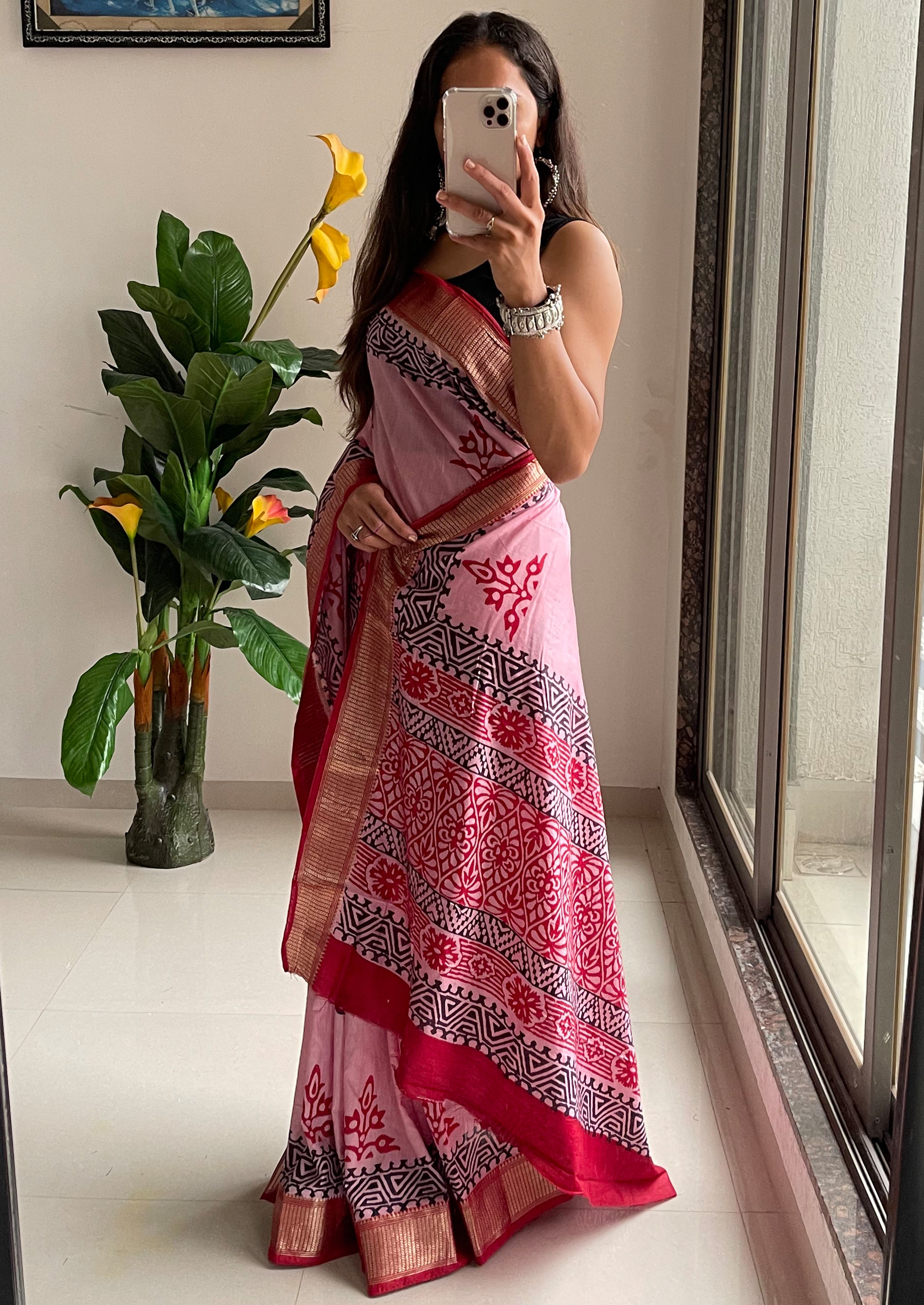 SUTRA3 NATURAL CELLULOSE NYLON AND VISCOSE HAND BLOCK SUTRA SILK BABY PINK SAREE