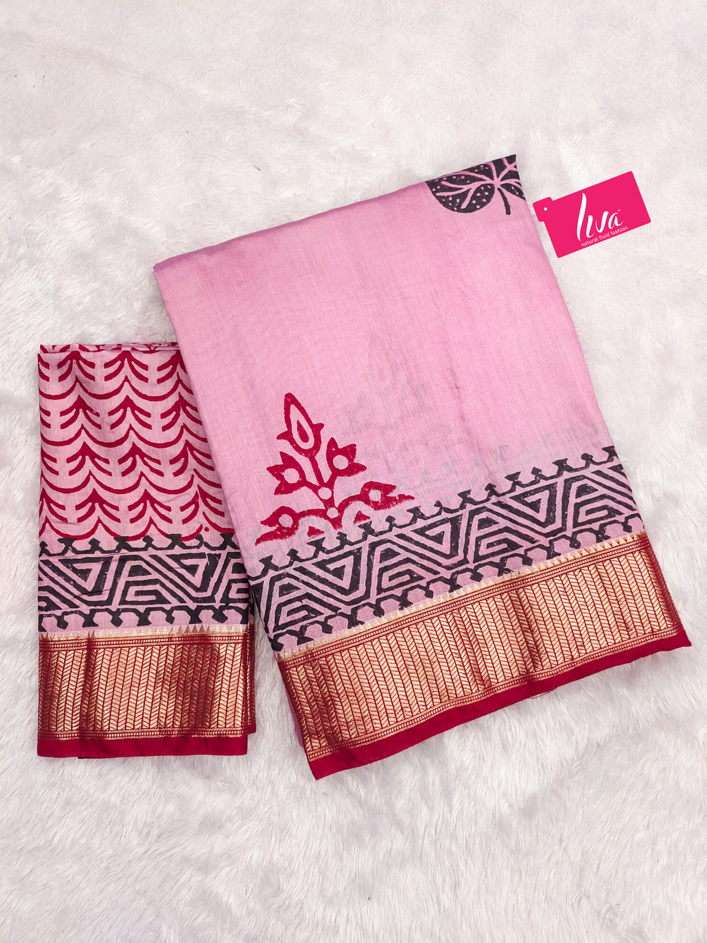 SUTRA3 NATURAL CELLULOSE NYLON AND VISCOSE HAND BLOCK SUTRA SILK BABY PINK SAREE