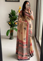 SUTRA3 NATURAL CELLULOSE NYLON AND VISCOSE HAND BLOCK SUTRA SILK BEIGE SAREE