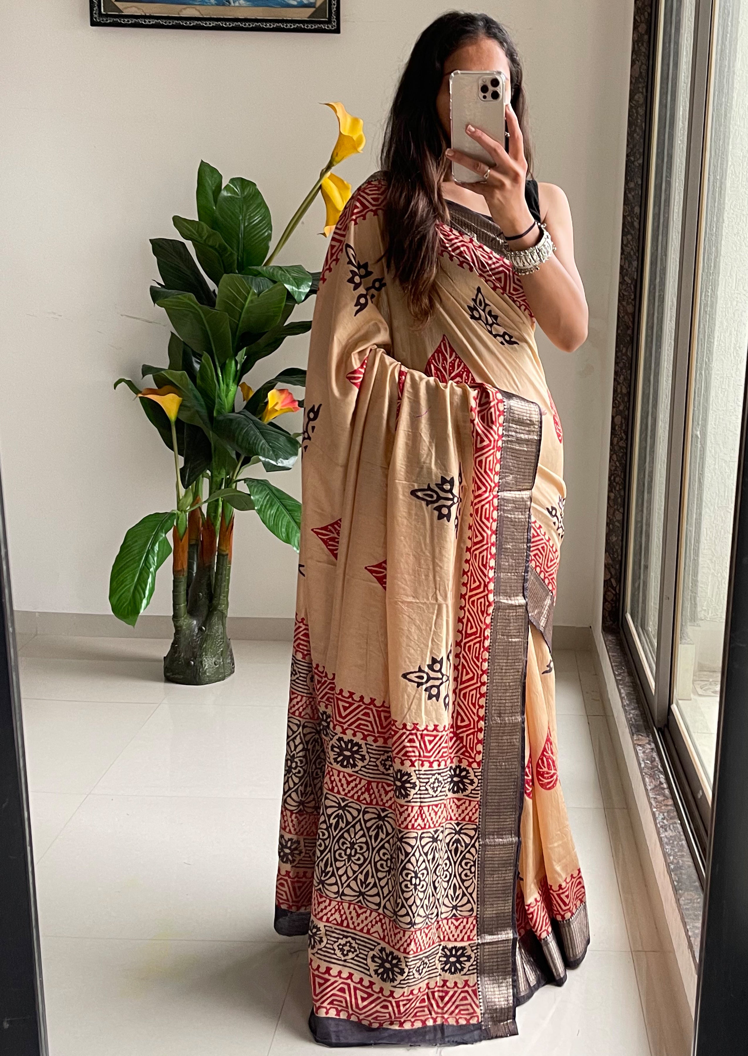 SUTRA3 NATURAL CELLULOSE NYLON AND VISCOSE HAND BLOCK SUTRA SILK BEIGE SAREE