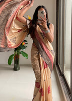 SUTRA3 NATURAL CELLULOSE NYLON AND VISCOSE HAND BLOCK SUTRA SILK BEIGE SAREE
