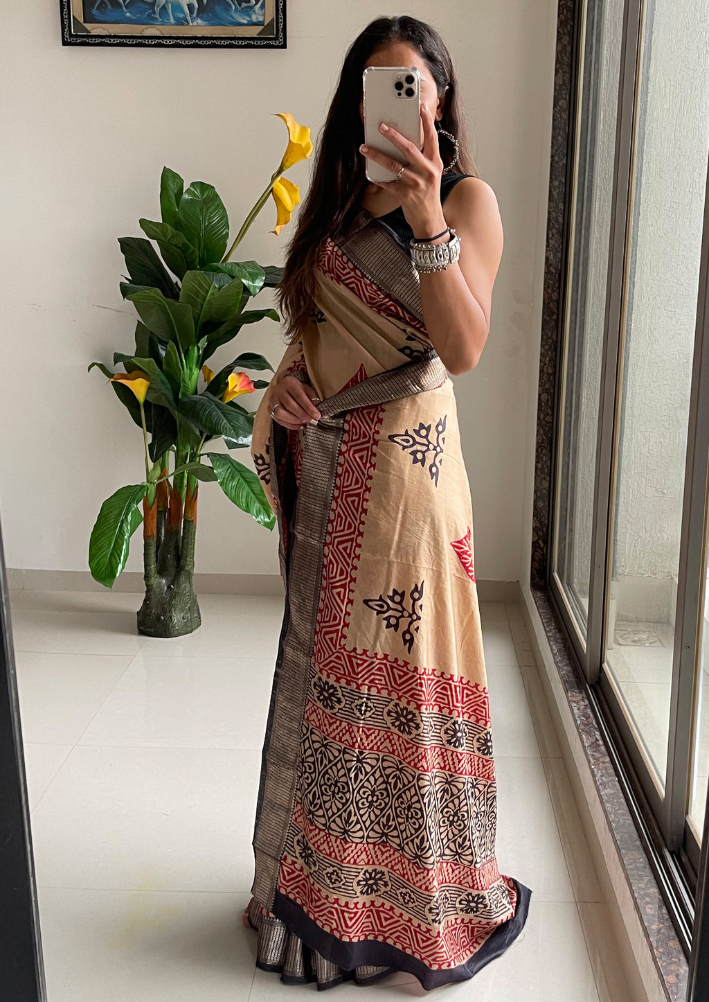 SUTRA3 NATURAL CELLULOSE NYLON AND VISCOSE HAND BLOCK SUTRA SILK BEIGE SAREE