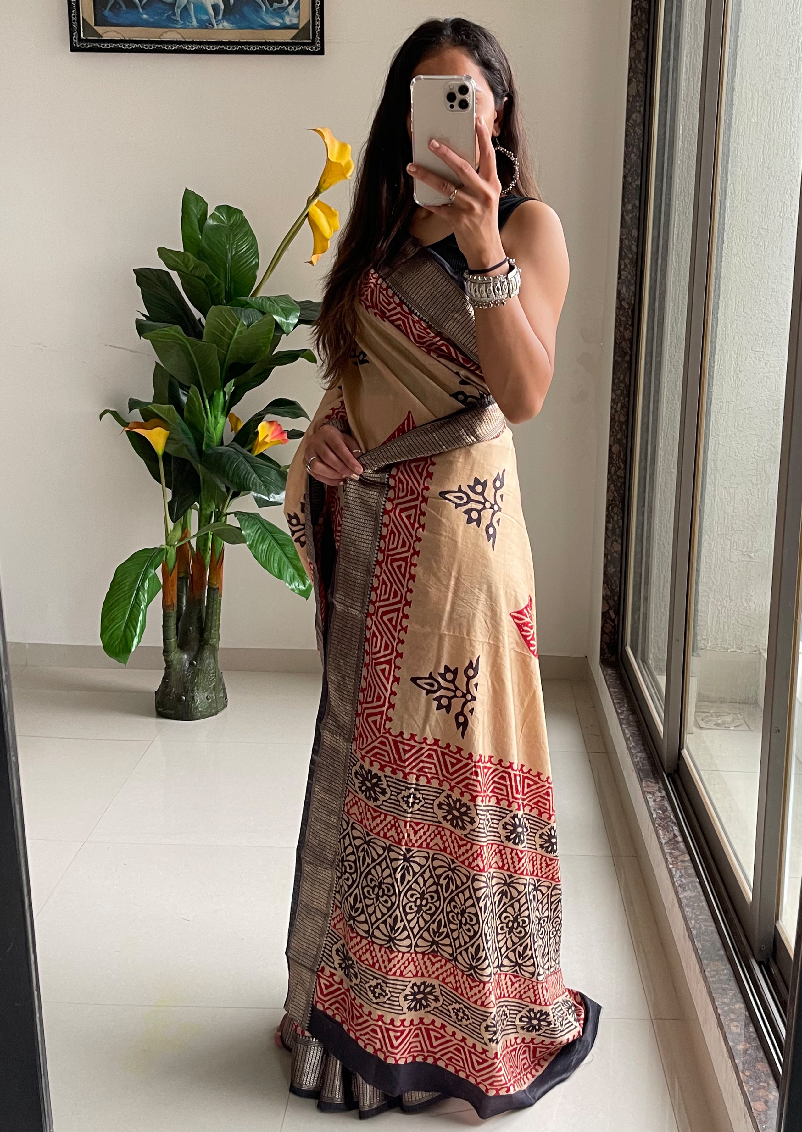 SUTRA3 NATURAL CELLULOSE NYLON AND VISCOSE HAND BLOCK SUTRA SILK BEIGE SAREE