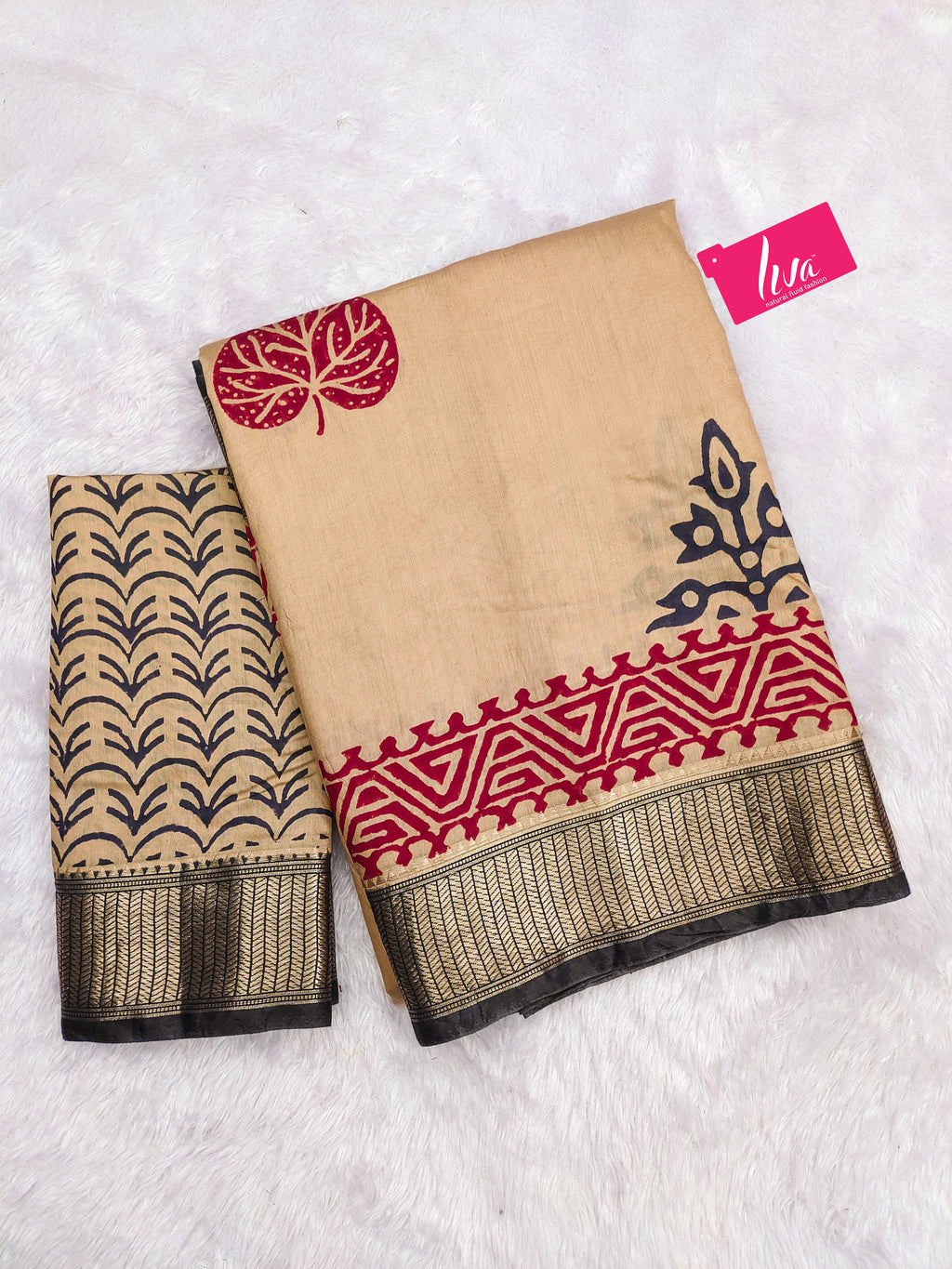 SUTRA3 NATURAL CELLULOSE NYLON AND VISCOSE HAND BLOCK SUTRA SILK BEIGE SAREE