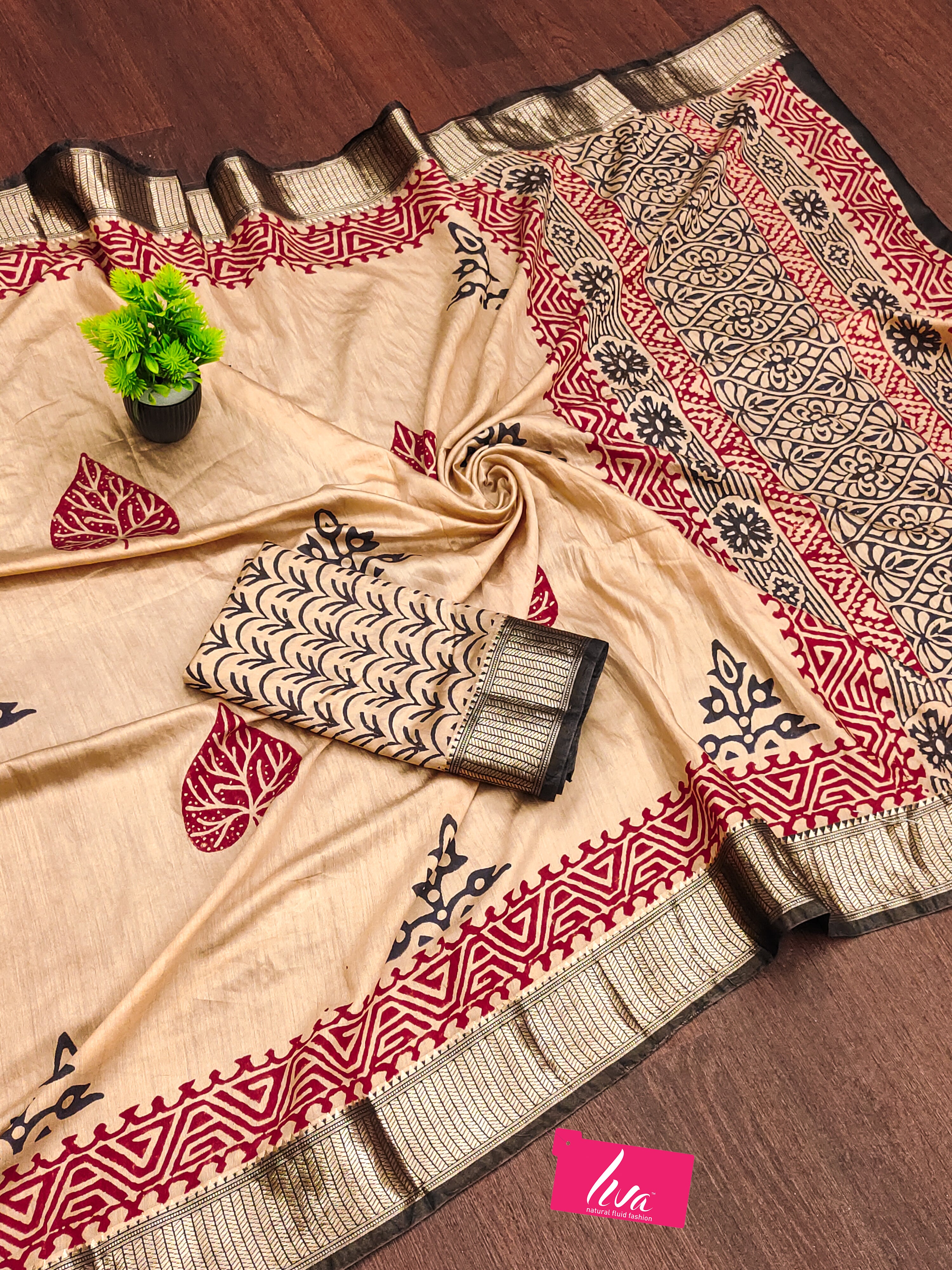SUTRA3 NATURAL CELLULOSE NYLON AND VISCOSE HAND BLOCK SUTRA SILK BEIGE SAREE