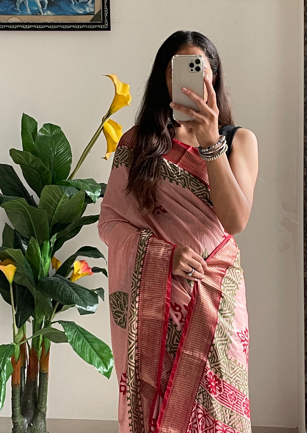 SUTRA3 NATURAL CELLULOSE NYLON AND VISCOSE HAND BLOCK SUTRA SILK DUSTY PINK SAREE