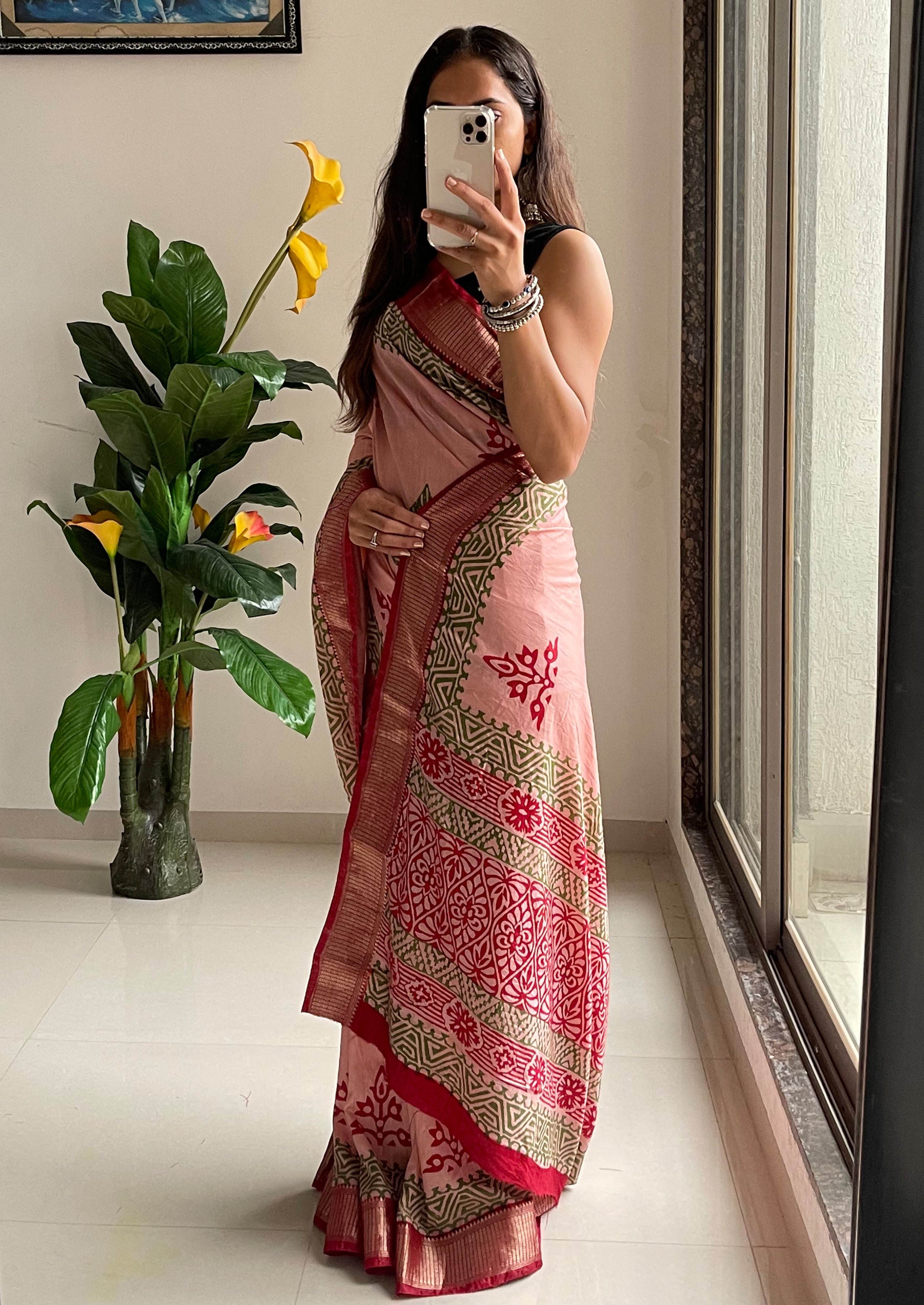 SUTRA3 NATURAL CELLULOSE NYLON AND VISCOSE HAND BLOCK SUTRA SILK DUSTY PINK SAREE