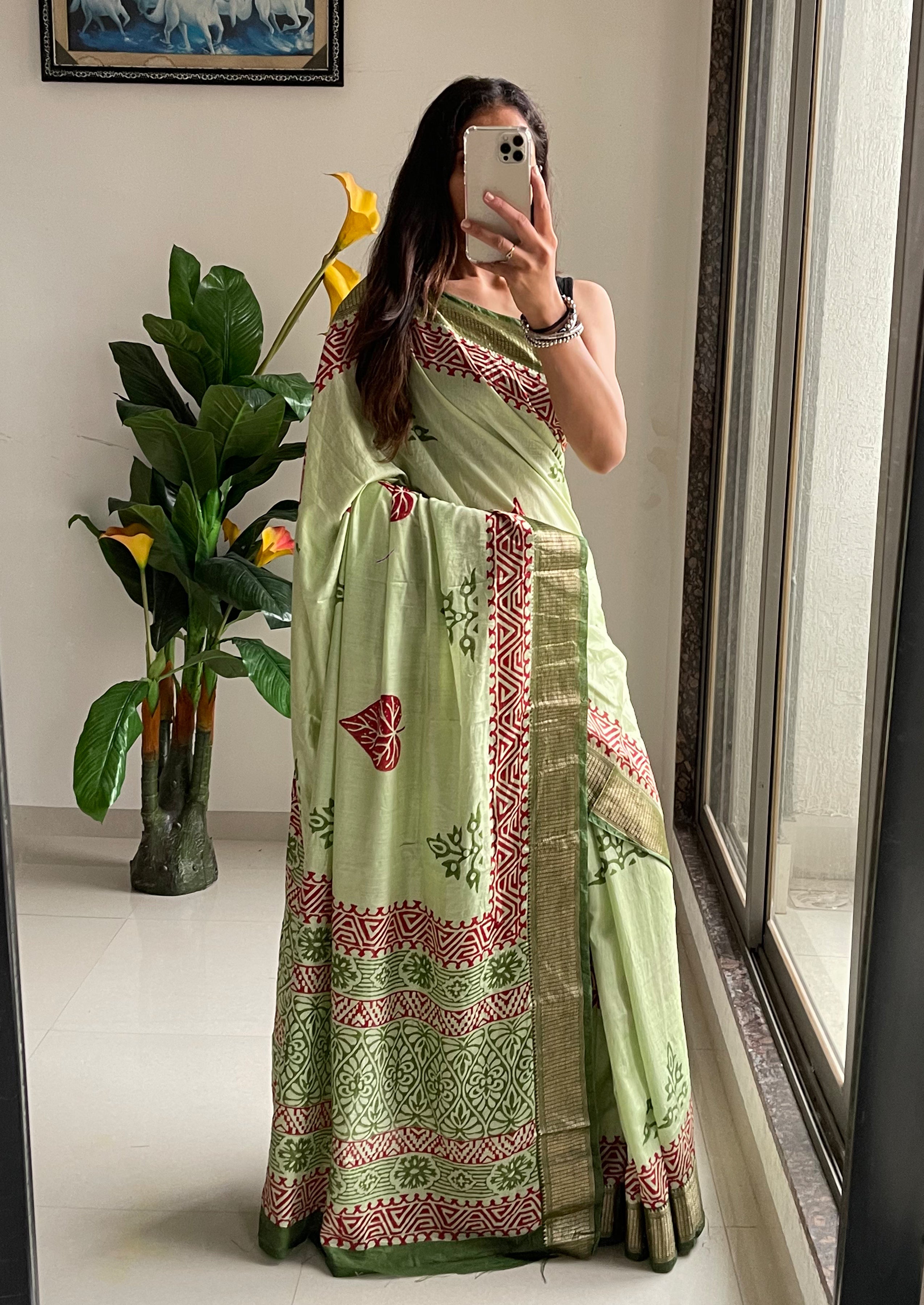 SUTRA3 NATURAL CELLULOSE NYLON AND VISCOSE HAND BLOCK SUTRA SILK PISTA GREEN SAREE