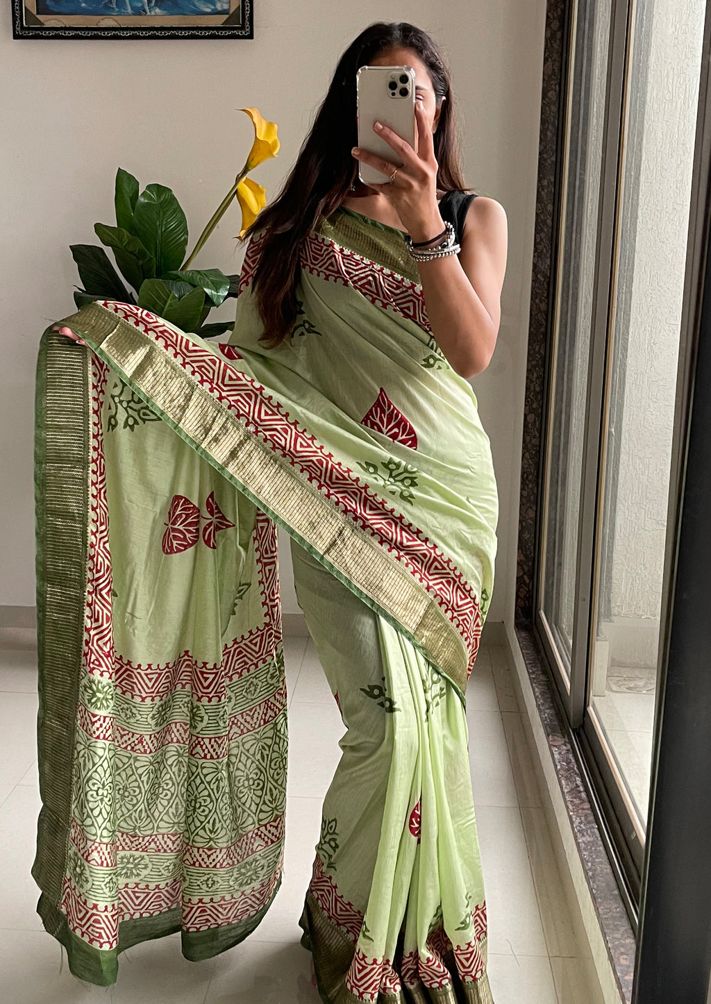 SUTRA3 NATURAL CELLULOSE NYLON AND VISCOSE HAND BLOCK SUTRA SILK PISTA GREEN SAREE