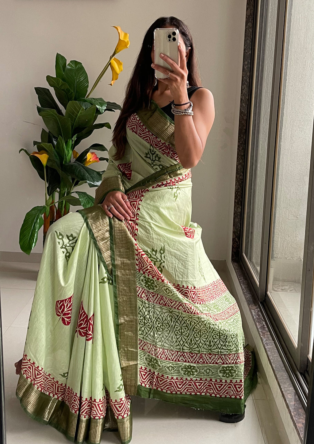 SUTRA3 NATURAL CELLULOSE NYLON AND VISCOSE HAND BLOCK SUTRA SILK PISTA GREEN SAREE