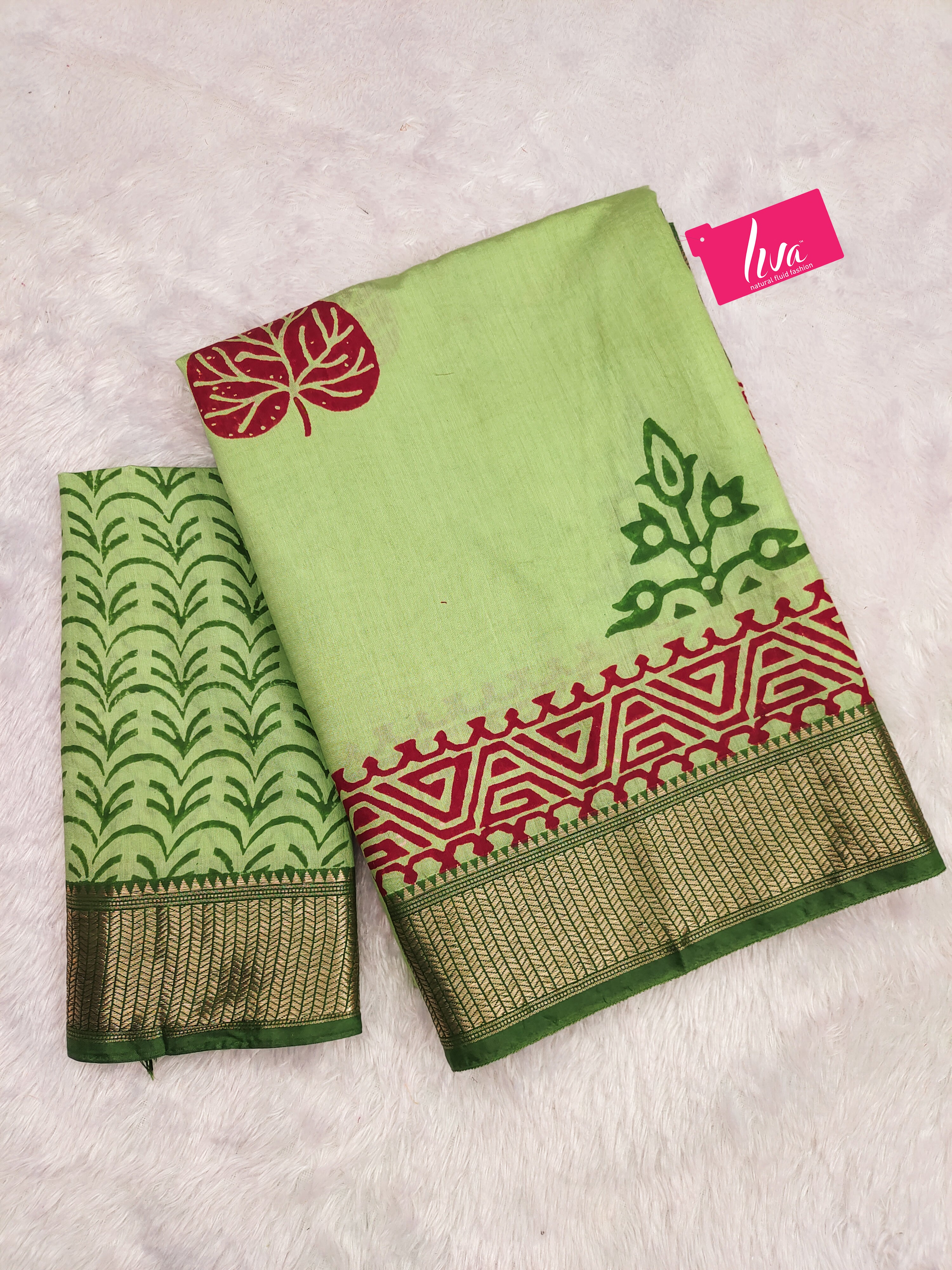 SUTRA3 NATURAL CELLULOSE NYLON AND VISCOSE HAND BLOCK SUTRA SILK PISTA GREEN SAREE