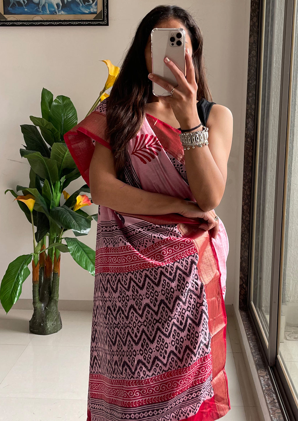 SUTRA4 NATURAL CELLULOSE NYLON AND VISCOSE HAND BLOCK SUTRA SILK BABY PINK SAREE