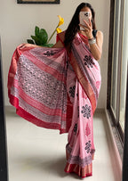 SUTRA4 NATURAL CELLULOSE NYLON AND VISCOSE HAND BLOCK SUTRA SILK BABY PINK SAREE