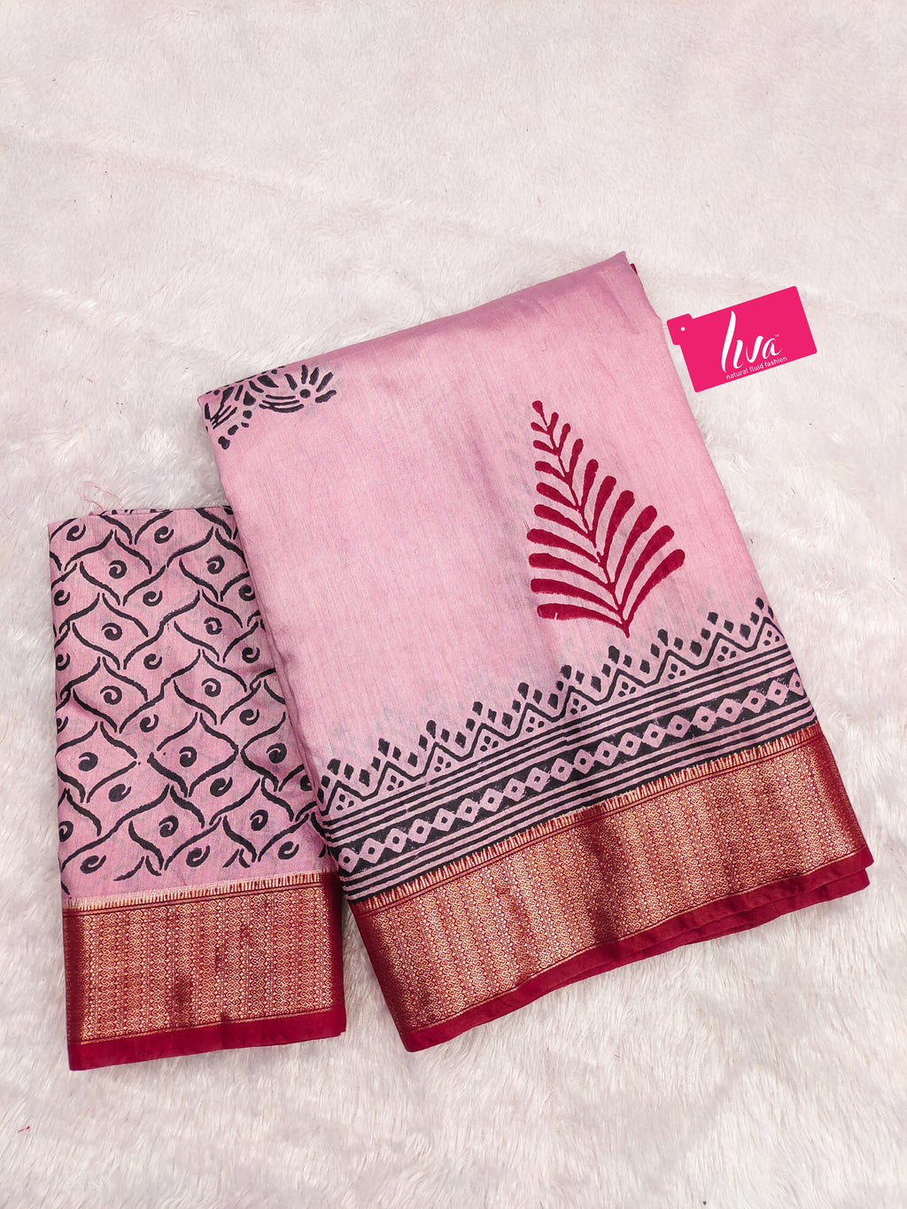 SUTRA4 NATURAL CELLULOSE NYLON AND VISCOSE HAND BLOCK SUTRA SILK BABY PINK SAREE