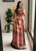 SUTRA4 NATURAL CELLULOSE NYLON AND VISCOSE HAND BLOCK SUTRA SILK BEIGE SAREE