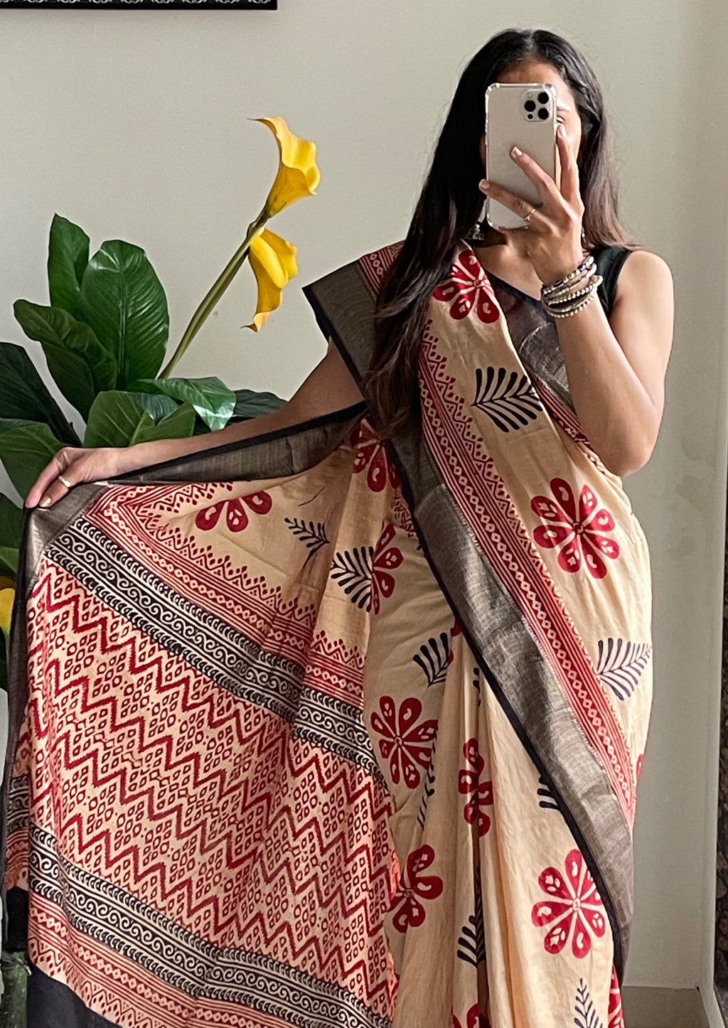 SUTRA4 NATURAL CELLULOSE NYLON AND VISCOSE HAND BLOCK SUTRA SILK BEIGE SAREE