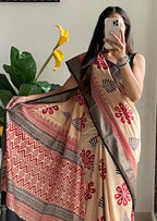 SUTRA4 NATURAL CELLULOSE NYLON AND VISCOSE HAND BLOCK SUTRA SILK BEIGE SAREE