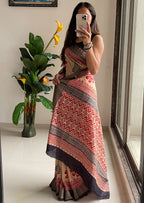 SUTRA4 NATURAL CELLULOSE NYLON AND VISCOSE HAND BLOCK SUTRA SILK BEIGE SAREE