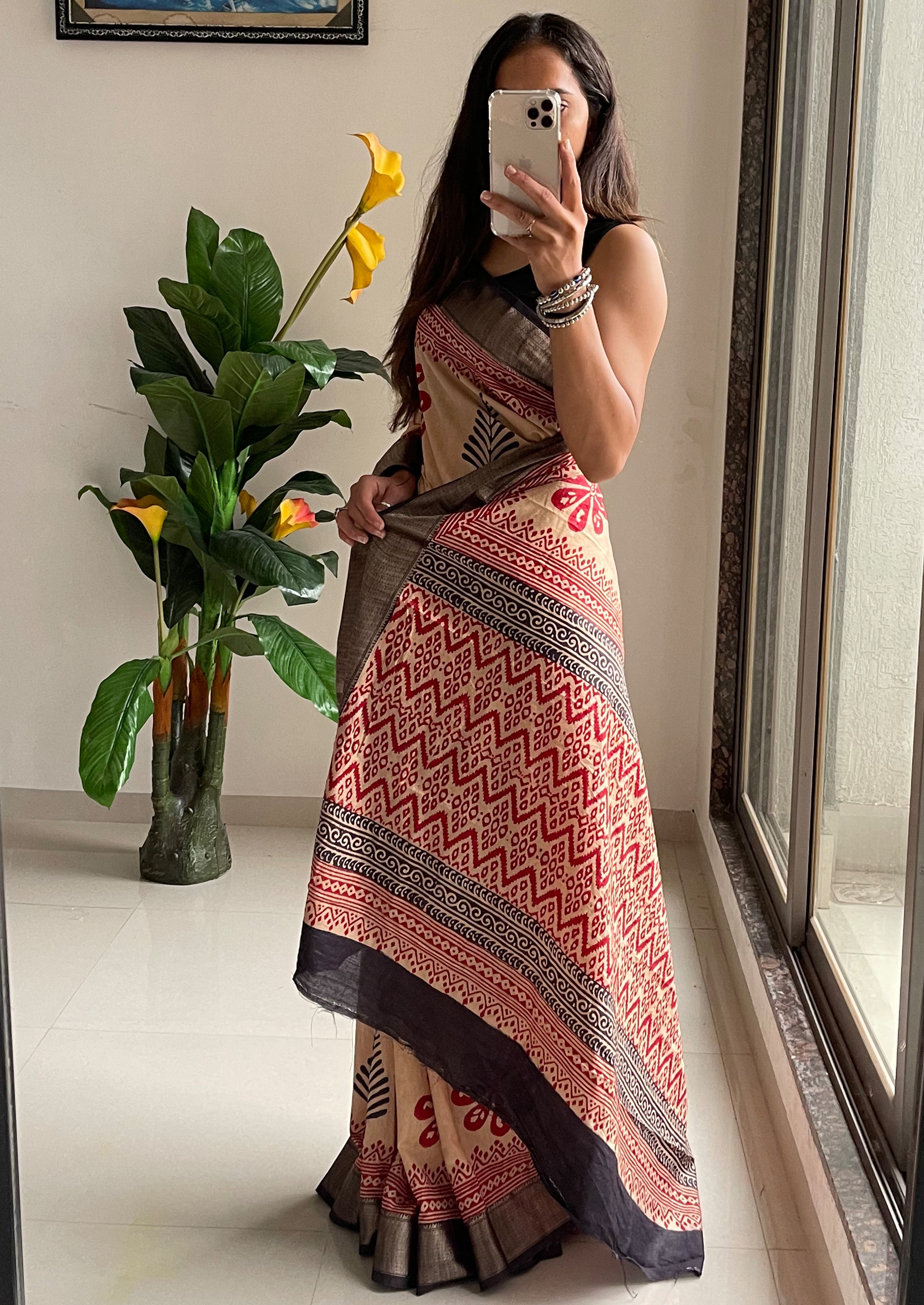 SUTRA4 NATURAL CELLULOSE NYLON AND VISCOSE HAND BLOCK SUTRA SILK BEIGE SAREE