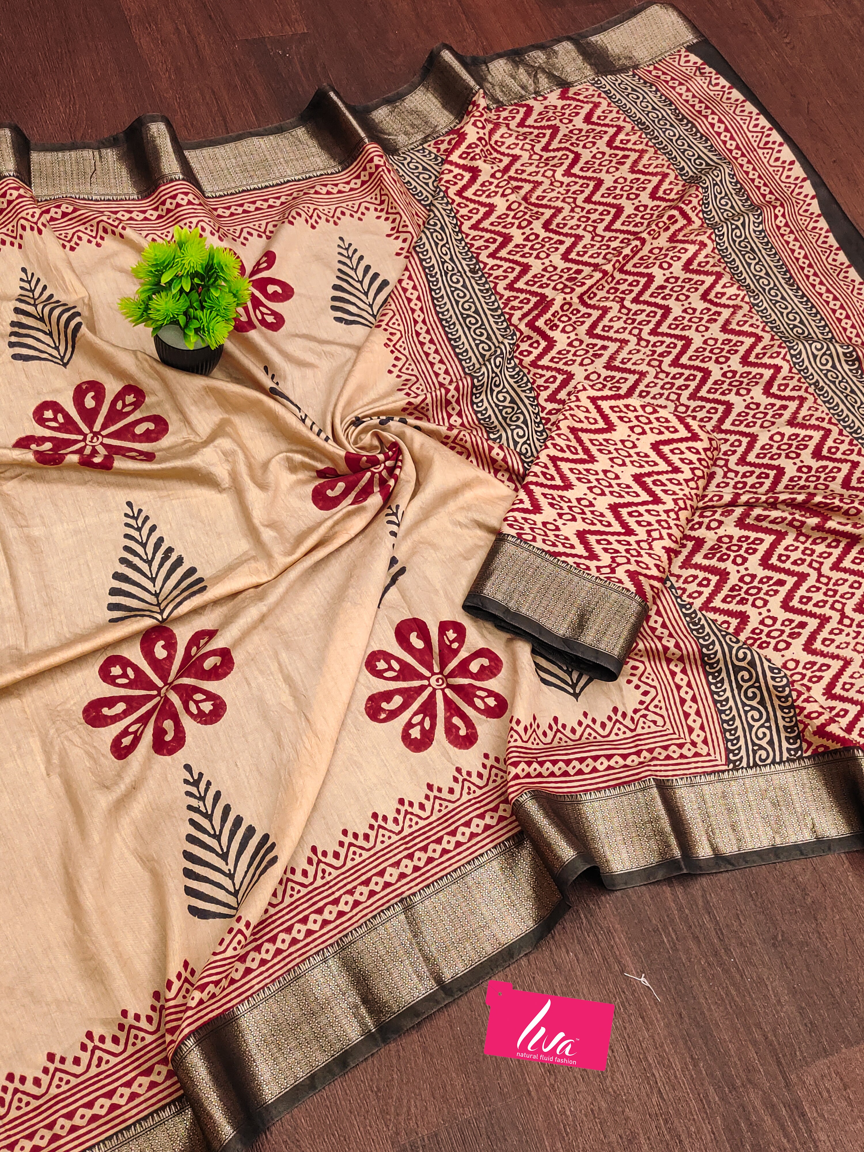 SUTRA4 NATURAL CELLULOSE NYLON AND VISCOSE HAND BLOCK SUTRA SILK BEIGE SAREE