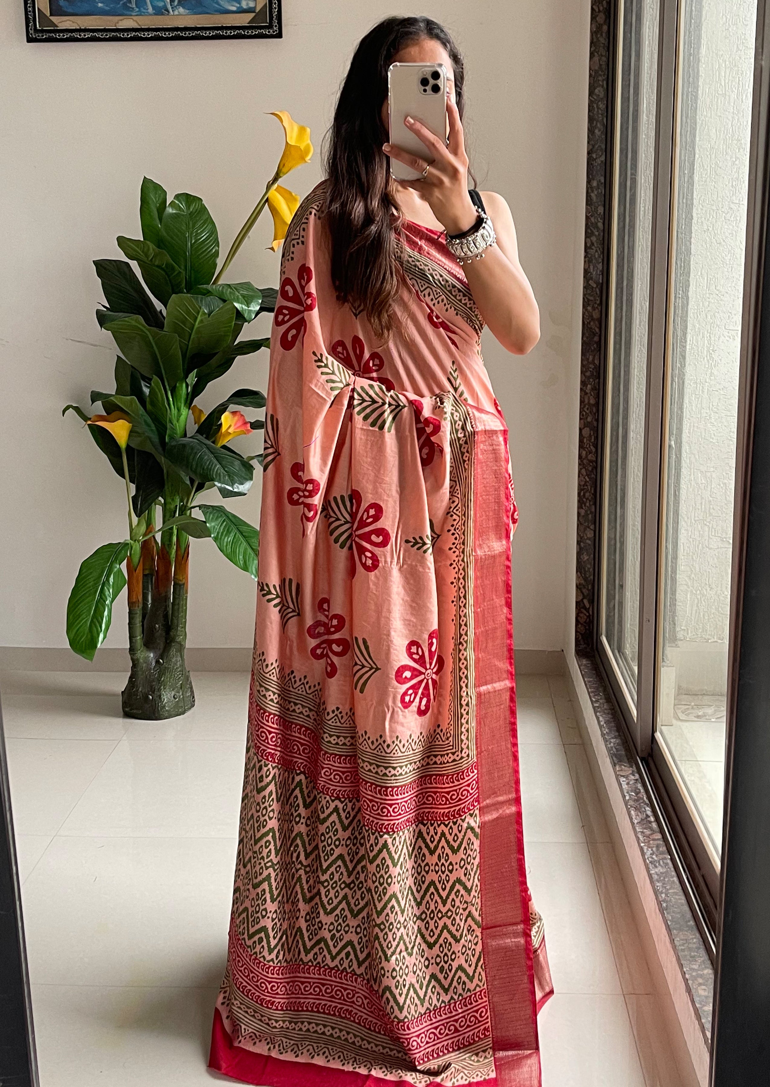 SUTRA4 NATURAL CELLULOSE NYLON AND VISCOSE HAND BLOCK SUTRA SILK DUSTY PINK SAREE