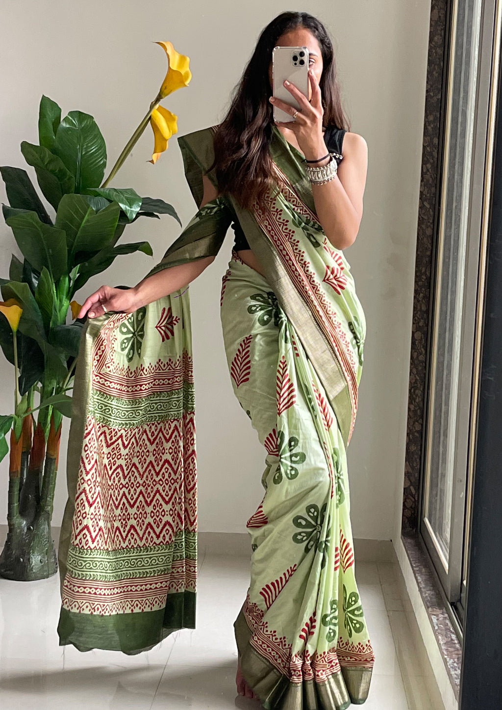 SUTRA4 NATURAL CELLULOSE NYLON AND VISCOSE HAND BLOCK SUTRA SILK PISTA GREEN SAREE