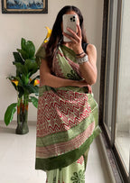 SUTRA4 NATURAL CELLULOSE NYLON AND VISCOSE HAND BLOCK SUTRA SILK PISTA GREEN SAREE