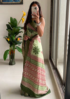 SUTRA4 NATURAL CELLULOSE NYLON AND VISCOSE HAND BLOCK SUTRA SILK PISTA GREEN SAREE