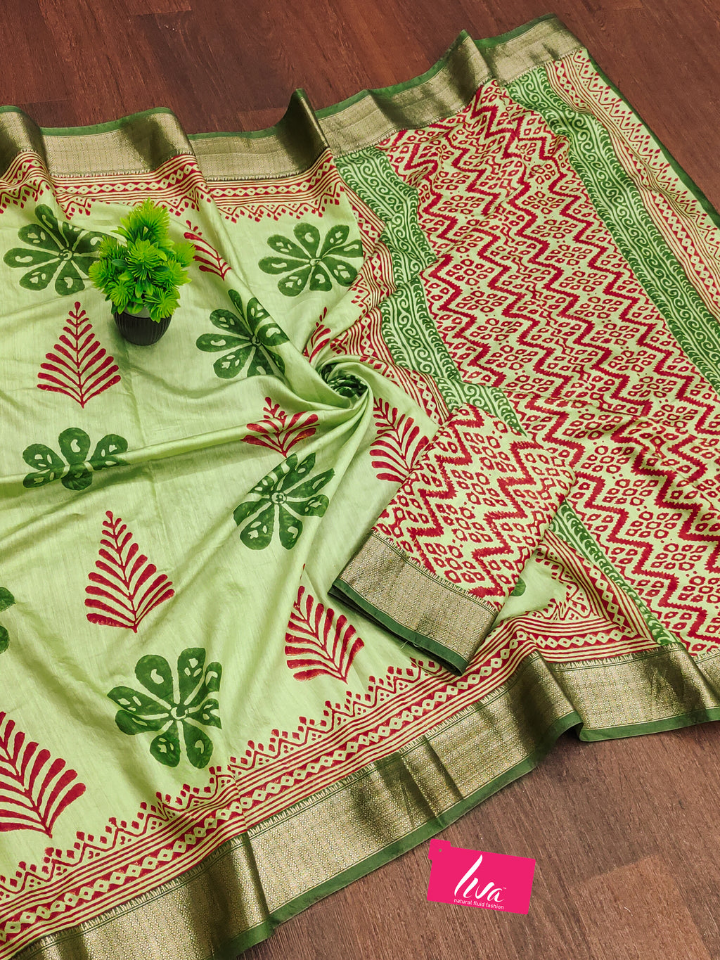 SUTRA4 NATURAL CELLULOSE NYLON AND VISCOSE HAND BLOCK SUTRA SILK PISTA GREEN SAREE
