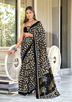 TAAPTI PURE MULMUL COTTON HAND PRINTD BLACK SAREE