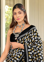 TAAPTI PURE MULMUL COTTON HAND PRINTD BLACK SAREE