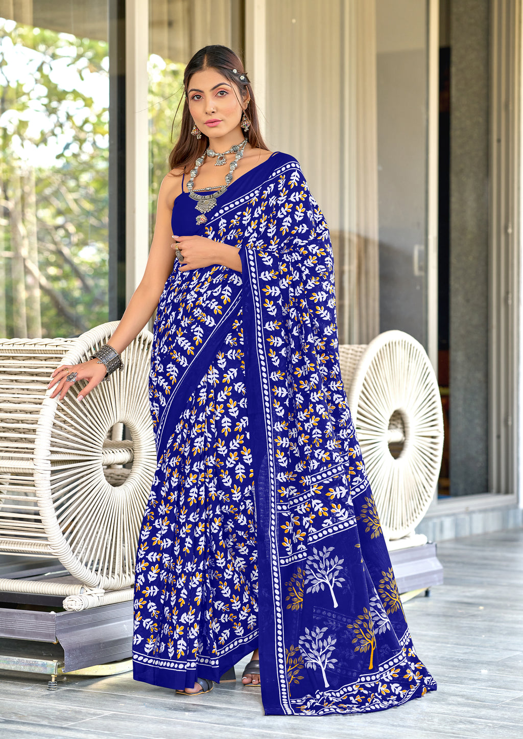 TAAPTI PURE MULMUL COTTON HAND PRINTD BLUE SAREE