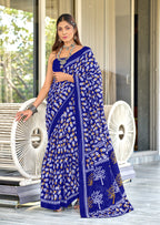 TAAPTI PURE MULMUL COTTON HAND PRINTD BLUE SAREE